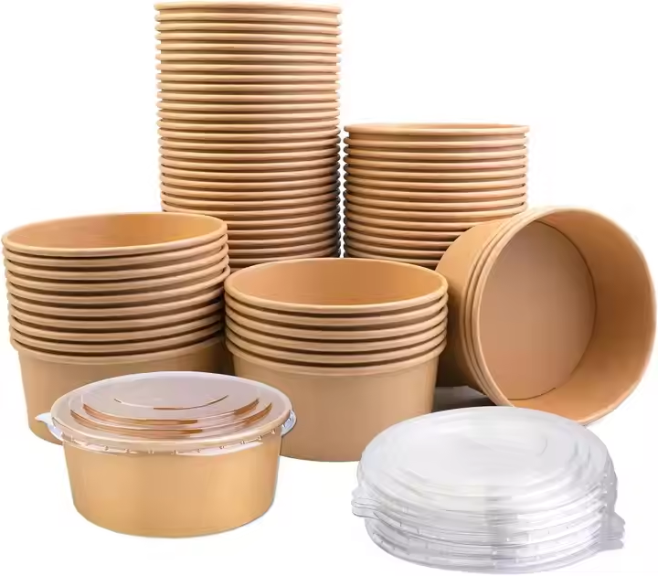 Disposable Food Grade Kraft Paper Soup Bowls Lids Snack Salad Lunch Containers Gold Foil Embossing Printing Recycled Materials
