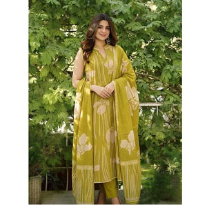 Lime Green Cotton Embroidered Printed Sleeveless 3 Piece Wrinkle Free Quick Dry Stylish <strong>Women</strong> Ethnic Wear Casual <strong>Kurta</strong> <strong>Set</strong> - Product Image 2