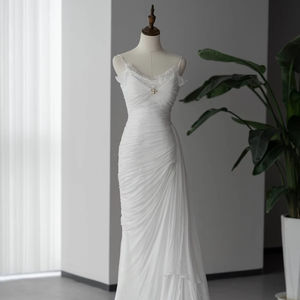 Robe de Mariage Boho en Mousseline de Soie Plage Réception de Mariage Civil Grec Plus Size Plissage Chapelle Train Plus Size Novia Sirene Mermaid - Product Image 1