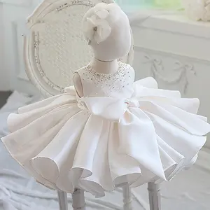 2023 yeni boncuklu ilmek saten bebek cemaat parti elbise saf çiçek kız prenses elbise sevimli bebek kız puf elbise