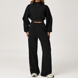 Ensemble deux pièces décontracté pour femme avec logo personnalisé, sweat-shirt ample à épaules tombantes 100 % coton et pantalon de jogging large pour femme - Product Image 2