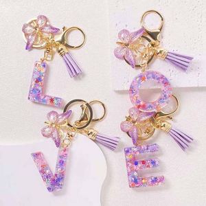 Fashionable Purple Letter Keychain Heart-shaped Sequin butterfly Tassel Crystal Resin Pendant Accessory Ladies' Key Chain - Product Image 1