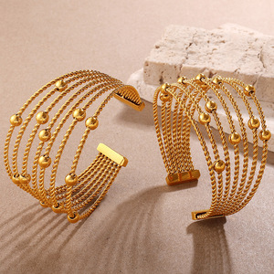Fashion Beaded <b>Bracelets</b> Multi Layer Twisted Rope Ball Design Open <b>Cuff</b> Gold Zinc Alloy Unisex Jewelry - Product Image 1
