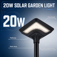Lampe solaire LED 20W à émission latérale pour jardin, borne lumineuse IP65 pour cour, parc et allée extérieure