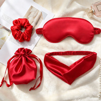 Ensemble promotionnel 4-en-1 en satin : Masque de sommeil effet soie, Bandeau, Chouchou et Sac de rangement, avec logo personnalisé, pour le sommeil et comme cadeau
