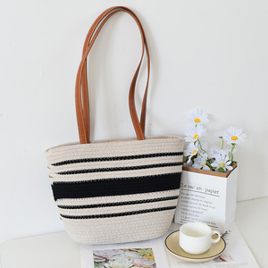 Woven Women's Tote Bag Striped Design PU Handle Large Capacity Everyday Use - Product Image 2