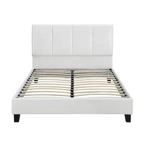 Queen Size Faux Leather Bedframe White Leather bed with wooden slats for Bedroom furniture