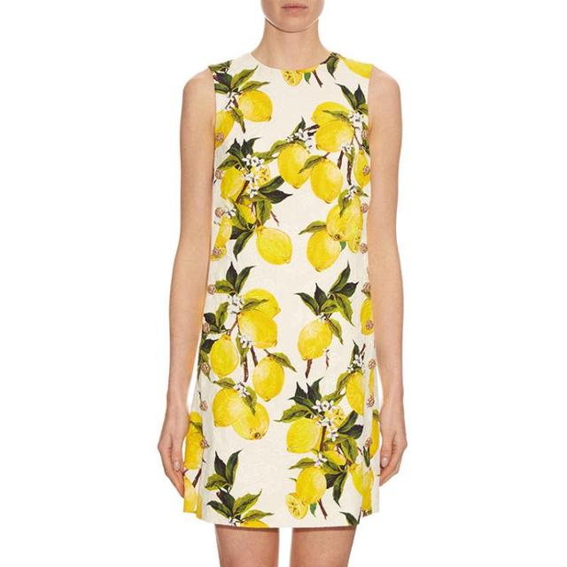 In Stock A-Line Business Dress Lemon Print Double-Breasted Boutique Style Hepburn Fashion Elegant Patterns Cloth