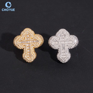 925 <b>Silver</b> Full Paved Moissanite Cross <b>Ring</b> Baguette Cut Iced Out Hip Hop Jewelry for <b>Men</b> 18K Gold Plated Iced Out Hip Hop <b>Ring</b> - Product Image 1