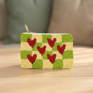 Pochette carrée en toile brodée à motif cœur perlé à la main, vert, jaune, rouge, pour usage quotidien et voyage - Product Image 2