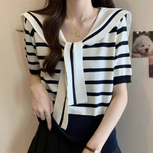 Haut court à manches courtes en soie glacée rayé noir et blanc, nouvelle collection été 2025, tricot fin et ample à col unique - Product Image 6