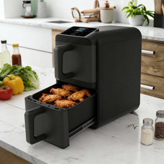 Electric 10L Family Air Fryer with Dual Basket Design Stainless Steel for Simultaneous Cooking of Multiple Foods