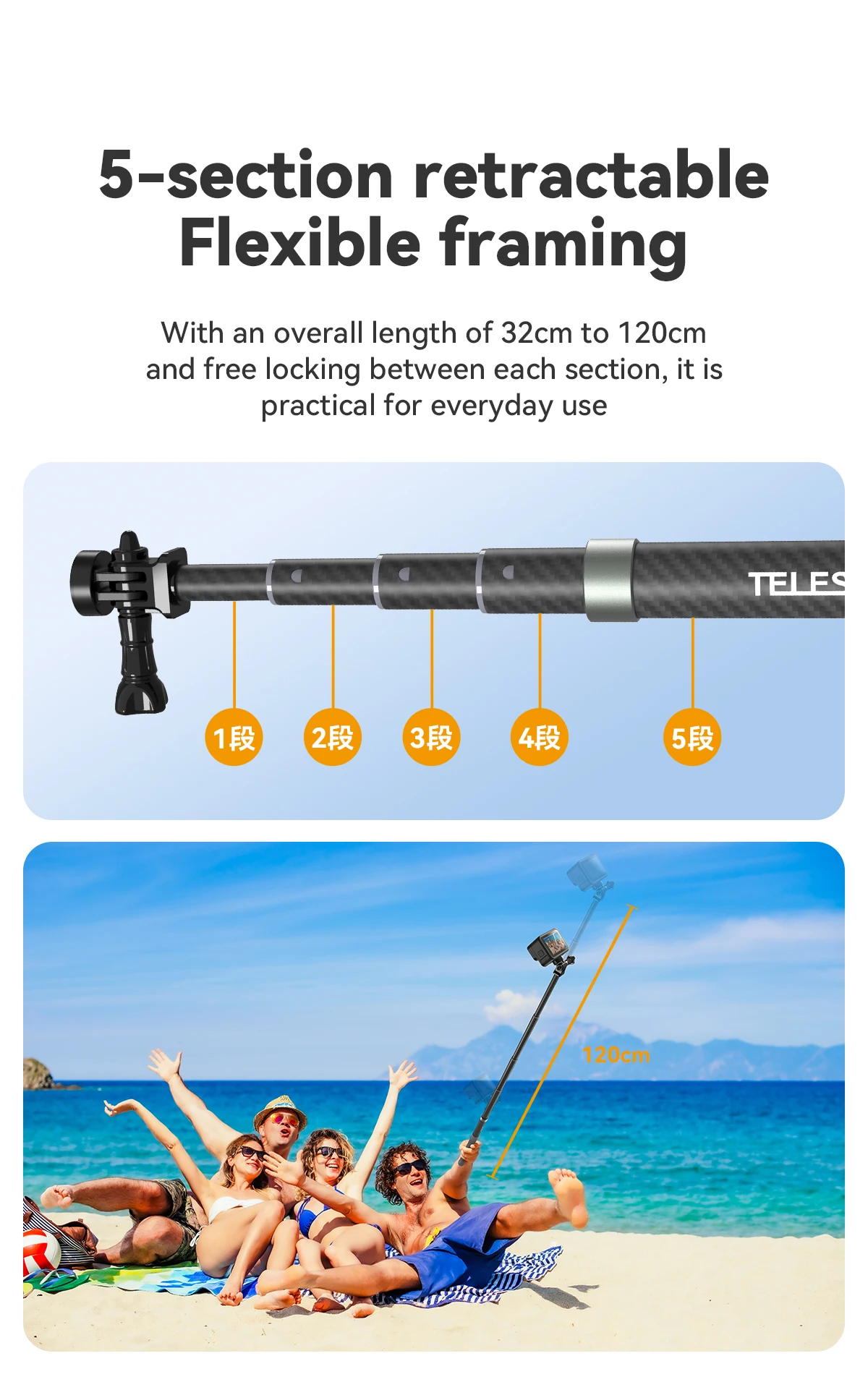 Telesin 1.2M carbon Fiber Selfie Stick Eccentric Tube Design Suitable for GoPro/Insta360 Action cameras
