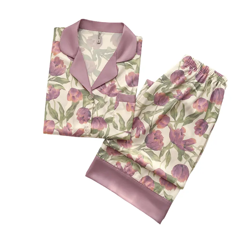 Tulpenprint Dames Zijden Pyjama Sweet Home Wear Revers Nieuwe Lente En Herfst Dames Lange Mouw Satijn Plus Size Nachtkleding Set