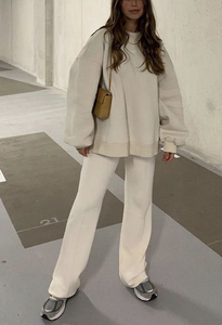 Completi Casual da Donna all'<span class=keywords><strong>Ingrosso</strong></span>: Ultimo Design, Tuta Ricamata a Tinta Unita, Set Personalizzato con Pantaloni a Gamba Larga e Felpa - Product Image 2