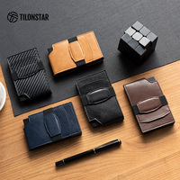 TILONSTAR TVC513 dompet penyimpan kartu pria, pemegang kartu aluminium kulit Pop Up Rfid dengan pita elastis