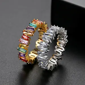 Nieuwe Bling Fashion Multicolor Cz Baguette Ring Vrouwen Mannen Charm Zirkoon Goud Zilver Kleur Iced Trouwringen Bague Hip Hop sieraden