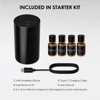 Diffuseur d'huiles essentielles sans eau Airversa, kit de démarrage, 4 x 10 ml, fonctionne sur piles, mini, portable, maison, voiture, bureau, noir, sans application