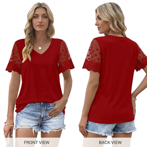 Women V Neck Red T-Shirt With Lace <b>Cap</b> <b>Sleeves</b> Loose Fit Casual Summer <b>Top</b> - Product Image 1