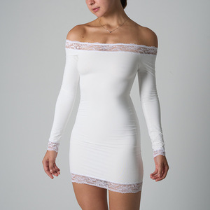 SK1344 Sexy dentelle une épaule robe couleur unie à manches longues dentelle jupe courte pour les femmes maigre robe confortable - Product Image 1