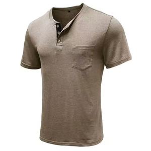 Camiseta de Manga Corta para Hombre, Estilo Henry, Tejido Sólido, Logotipo Personalizado, ODM, Verano 2025, Estilo Europeo Americano, para Comercio Exterior Transfronterizo - Product Image 1