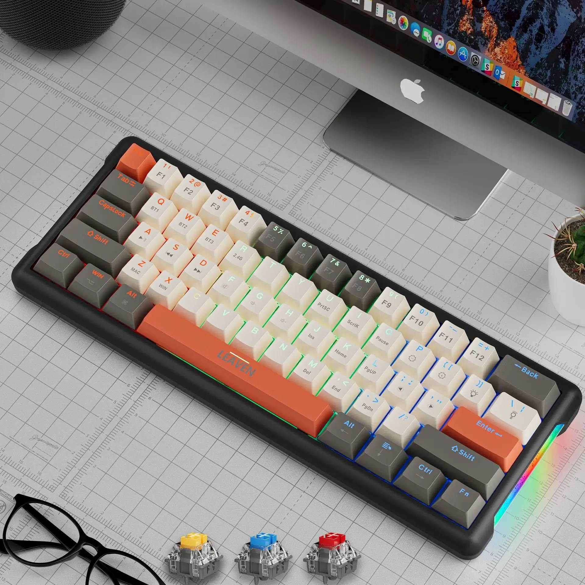High Quality K610 Three Mode Mix Color Fashion Rgb Keyboard Ergonomic Usb Wireless Hot Swap Mechanical Keyboards