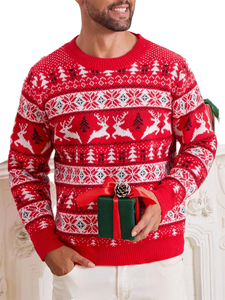 Pull à col rond pour homme, style rétro américain, automne-hiver, pull de Noël, tricot jacquard avec bordure côtelée - Product Image 1