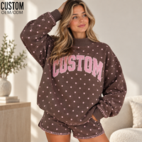 Ensemble short et sweat-shirt à pois pour femme, col montant, appliqué lettres, surpiqûres contrastées, poignets côtelés, logo brodé, style décontracté streetwear