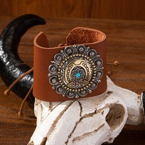 Brazalete de Aleación de Cobre Genuino con Turquesa, Estilo Vaquero Occidental Vintage, Cadena Ajustable Deslizante, Joyería Unisex para Fiestas - Product Image 4