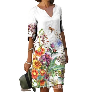 V-Neck <b>Loose</b> Floral Print <b>Dress</b> Breathable Casual Wear Women's Plus Size Summer <b>Dress</b> - Product Image 5