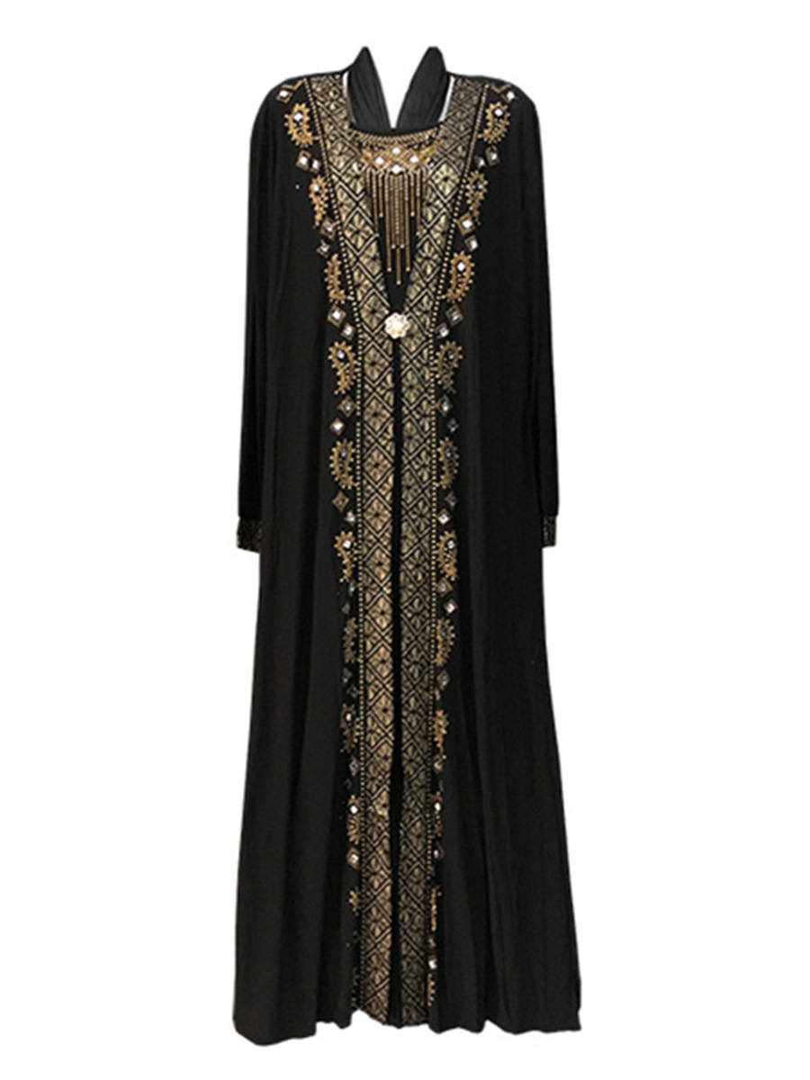 高品质女性伊斯兰祈祷女士黑袍阿拉伯长袍头巾水钻印花连衣裙穆斯林