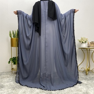 1653# Chiffon Beaded Open Abaya With Black Lace Bother and White Pearls Bat Sleeve Arabic Cardigan <b>Kaftan</b> - Product Image 6