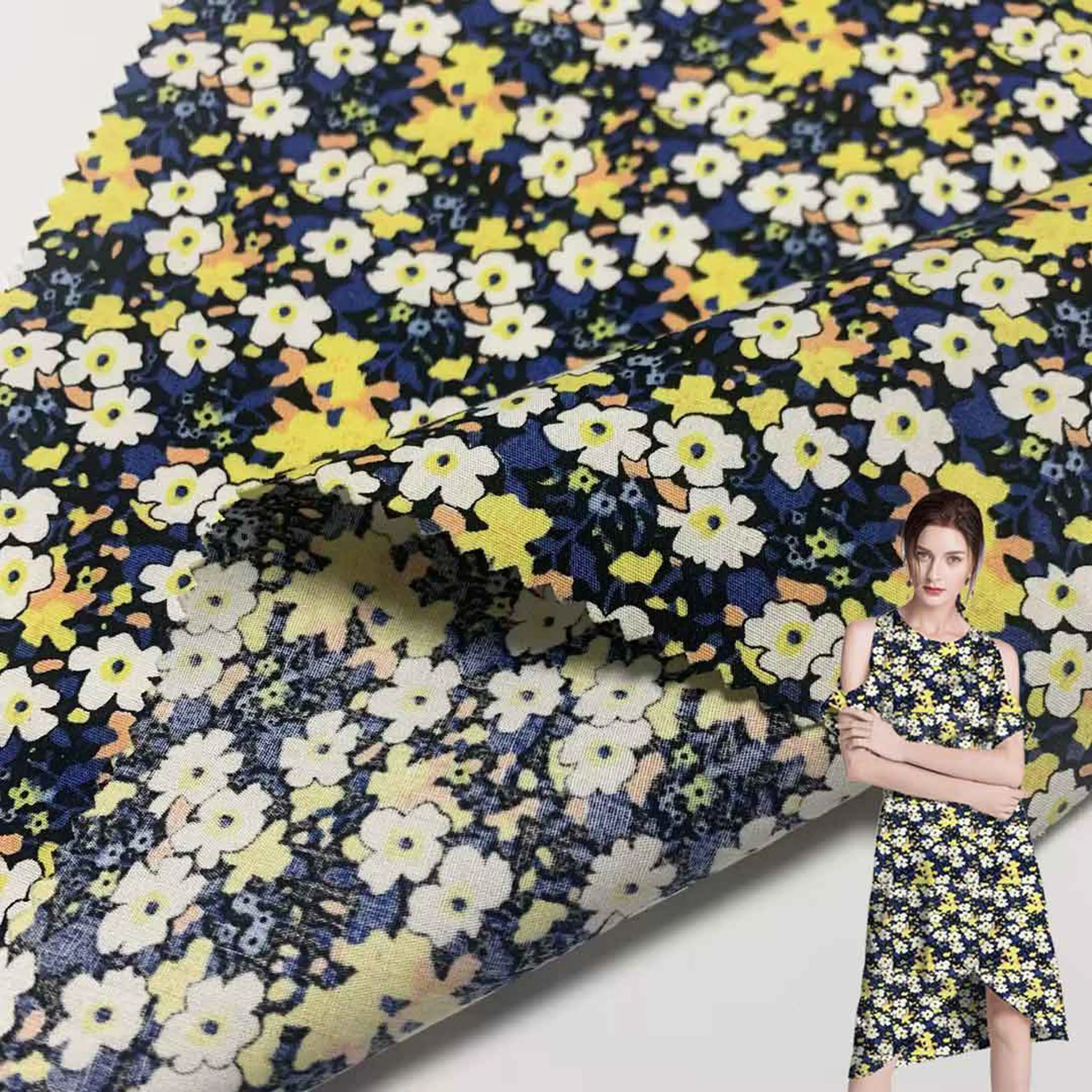 Pabrik Shaoxing Cina nyaman dan bersirkulasi kain tenun Digital cetak bunga katun murni untuk gaun