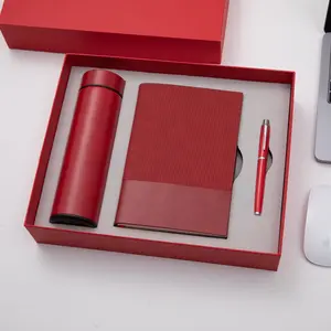 Customizable Red PU Leather Notebook Thermos Cup Gift Set Wholesale Promotional Luxury Business Pen Water Bottle Journal Set