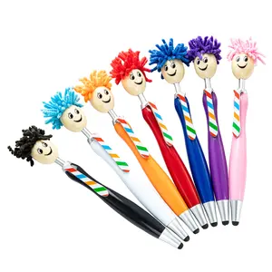 BECOL Hot Selling Creative Smile Face Mop Topper Ballpoint Pen Custom Logo Cute Plastic Ball Pen with Stylus for Phone/Ipad