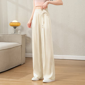 กางเกงเอวสูงผ้าไอซ์ซิลค์สำหรับผู้หญิงใส่ในฤดูร้อนกางเกงเอวสูงแบบจีนใส่ลำลองใส่เล่นทรงขากว้างกางเกงชาเบนเอวยางยืด - Product Image 5
