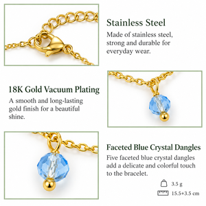 Bracelet en acier inoxydable pour femme avec perles en cristal, chaîne dorée avec pendentifs facettés bleus, oranges ou noirs, 15,5+3,5 cm - Product Image 3