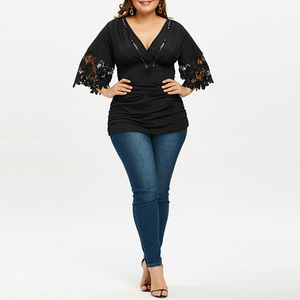 Damen Beliebte Plus Size Halbarm Deep V-Ausschnitt Schwarz Top Fashion Bluse Design Plus Size Damen Blusen - Product Image 4