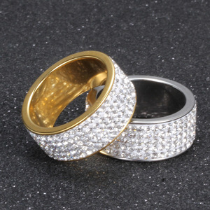 <b>Crystal</b> <b>Rings</b> 8MM Five Row Diamond Encrusted Stainless Steel Wedding <b>Rings</b> For Women Steel Gold Color - Product Image 1