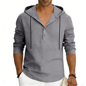Chemise en coton et lin pour homme, nouvelle collection printemps, à capuche, manches longues, boutonnée, ornée de perles, couleur unie, polyvalente - Product Image 5