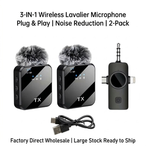 Microphone 3-en-1 pour téléphone, microphone cravate sans fil pour appareils photo, mini-microphone pour le blogage avec réduction de bruit IA - Product Image 1