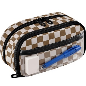 Estuche Escolar para Lápices con Cierre de Cremallera de 2 Capas, Diseño a Cuadros Marrón, Impresión Personalizada, Estuche Resistente de PVC para Estudiantes - Product Image 1