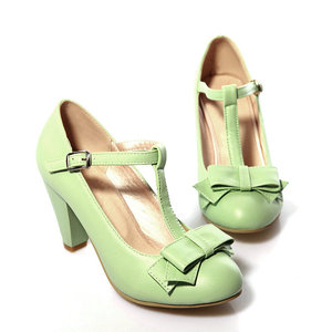 Escarpins en cuir véritable noir avec nœud, bride en T, talon bloc haut, bout rond, chaussures pour femmes toutes saisons - Product Image 6