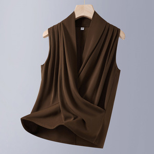 White V Neck Sleeveless Vest For Women Flax Fabric Crossbody Design Four Seasons Wear - Product Image 3