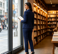 Ensemble de costume bleu marine pour femme : blazer ajusté et pantalon droit à revers crantés – Tenue de travail formelle pour le bureau