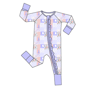 Baju tidur piyama anak-anak bersertifikasi CE jangkauan CPC Romper Zippy Ruffle bulan sabit bambu untuk anak-anak dengan pegangan Logo kustom - Product Image 1