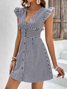 ฤดูร้อนของผู้หญิง Dash แขนชุดลาย V คอ Ruffle ปุ่ม Placket ชุดเดรสผู้หญิง - Product Image 4