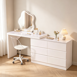 Coiffeuse moderne blanche avec miroir LED, meuble de rangement et chaise pour chambre à coucher - Product Image 4