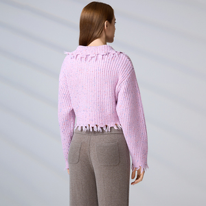 High-End Customizable Streetwear Knitwear OEM/ODM Zip-Up <b>Cardigan</b> <b>Sweater</b> Women's Frayed Cropped Knit Jacket - Product Image 6