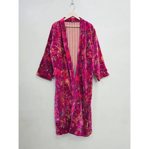 Nuevo Kimono Elegante de Algodón y Terciopelo Estampado con Dos Bolsillos, Cuello en V y Cierre con Cordón para Mujer, Ropa de Playa - Product Image 1
